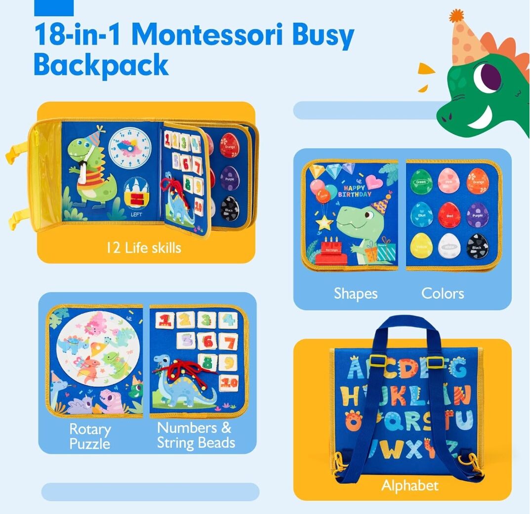 Toddler Toys Busy Board 1-4, Montessori Toys for Ages 2-4, Boy Birthday Gift 18 in 1 Preschool Learning Activities with 12 Life Skills-Numbers,String Beads,Shapes,Colors,Puzzles,Alphabet - Image 2