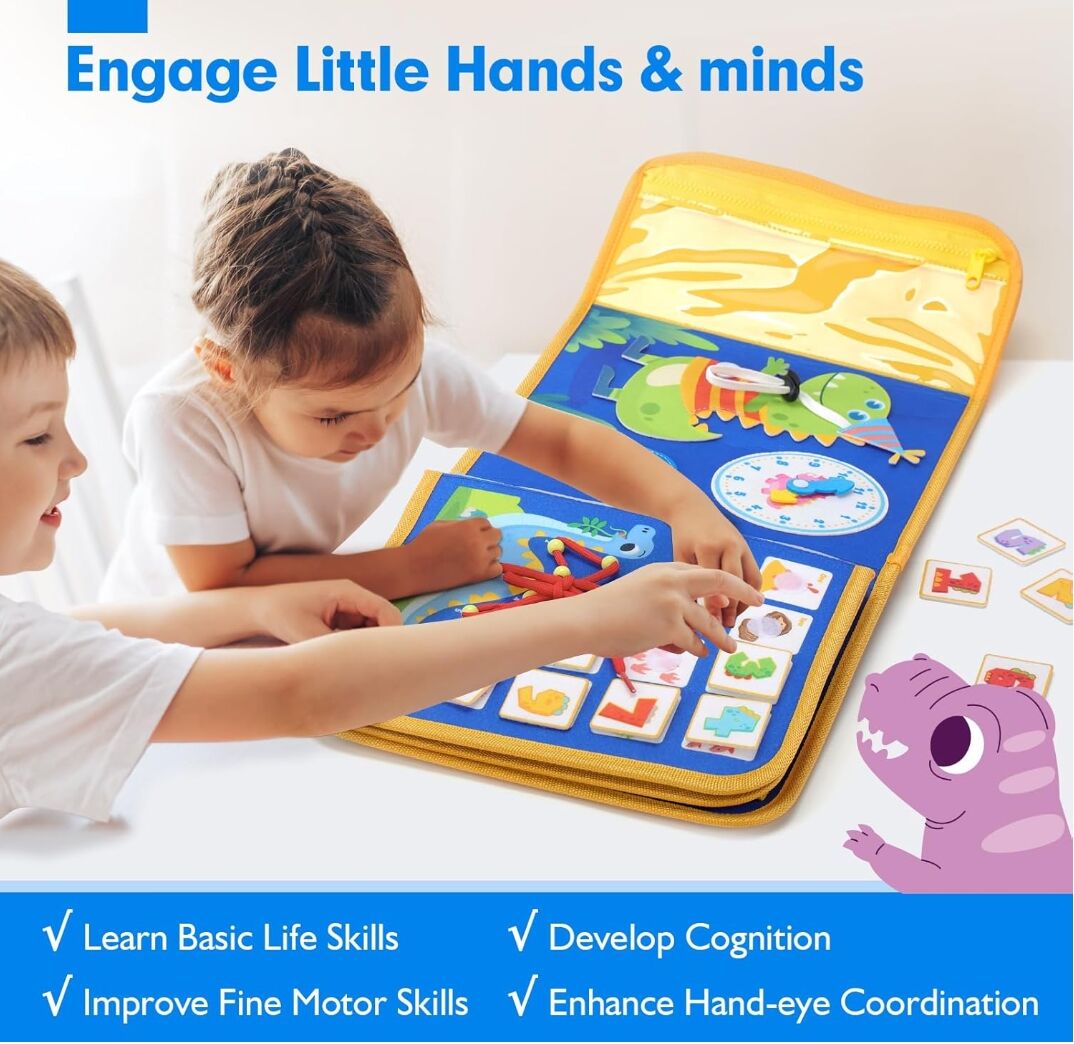 Toddler Toys Busy Board 1-4, Montessori Toys for Ages 2-4, Boy Birthday Gift 18 in 1 Preschool Learning Activities with 12 Life Skills-Numbers,String Beads,Shapes,Colors,Puzzles,Alphabet - Image 7