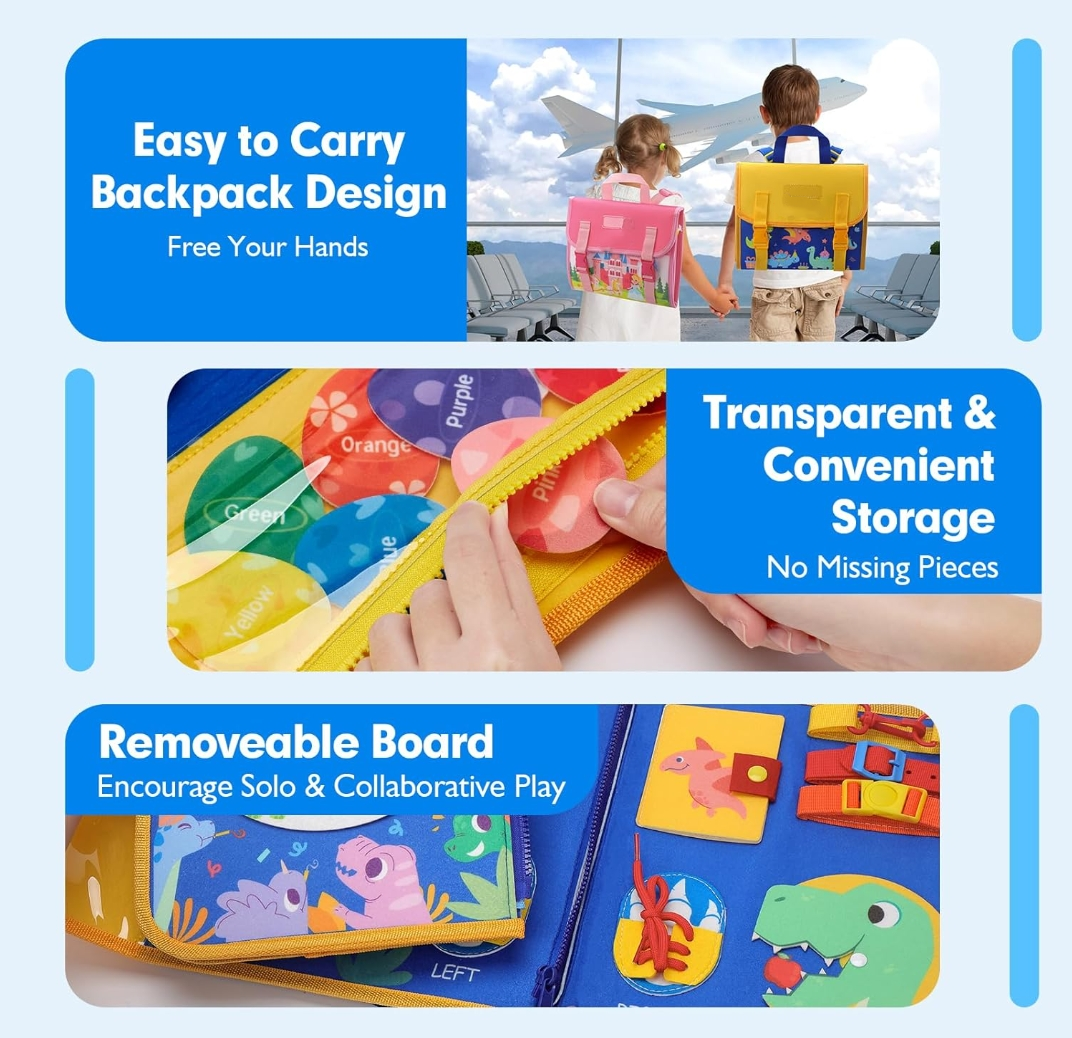 Toddler Toys Busy Board 1-4, Montessori Toys for Ages 2-4, Boy Birthday Gift 18 in 1 Preschool Learning Activities with 12 Life Skills-Numbers,String Beads,Shapes,Colors,Puzzles,Alphabet - Image 4